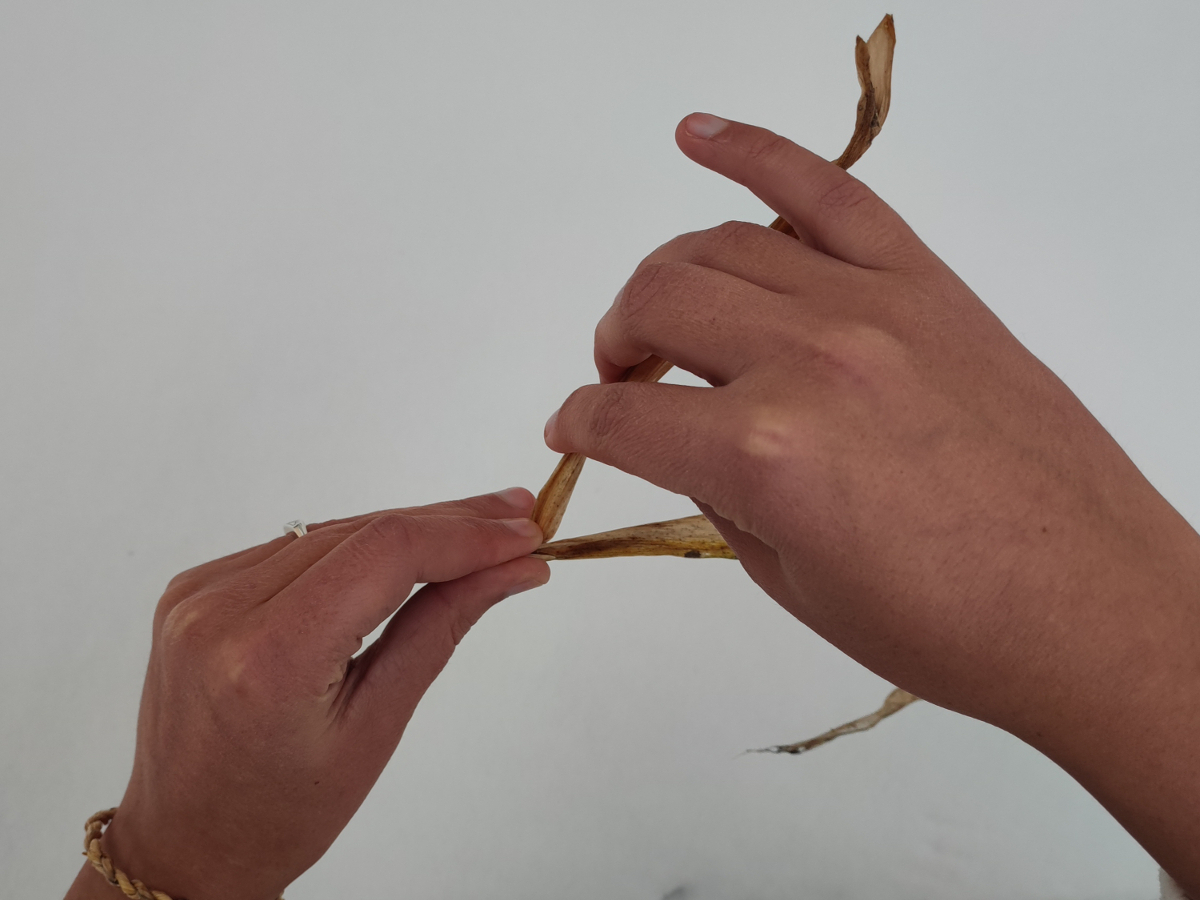 Une personne tresse un bracelet avec un élément naturel