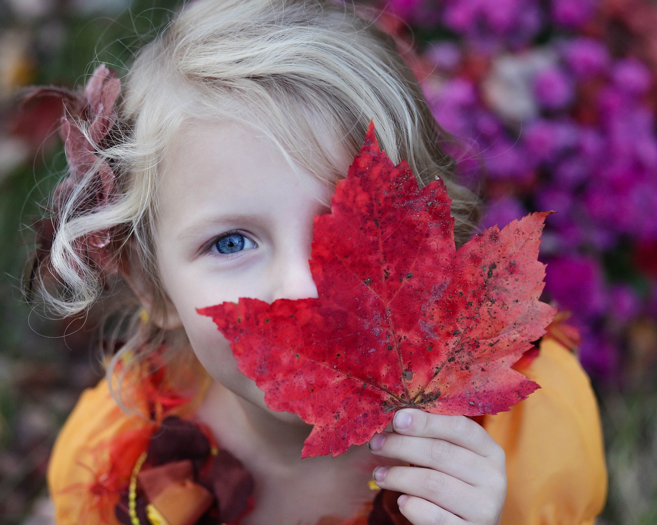 Une petite fille tient une feuille d'automne devant son visage